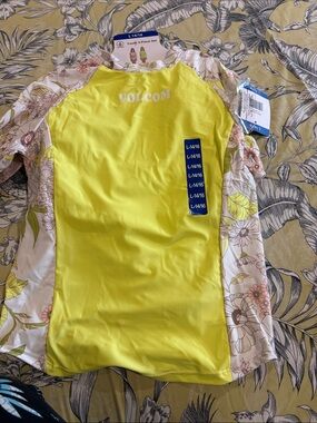 Volcom Yellow Rash Guard with Floral Sleeves